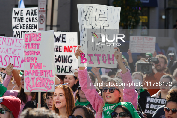 Pro-choice demonstrators protest outside of The Heritage Foundation in Washington, D.C. on November 9, 2024 following the re-election of for...