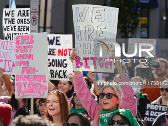 Pro-choice demonstrators protest outside of The Heritage Foundation in Washington, D.C. on November 9, 2024 following the re-election of for...