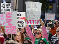 Pro-choice demonstrators protest outside of The Heritage Foundation in Washington, D.C. on November 9, 2024 following the re-election of for...