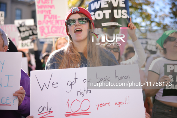 Pro-choice demonstrators protest outside of The Heritage Foundation in Washington, D.C. on November 9, 2024 following the re-election of for...