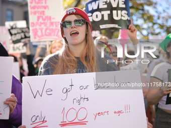 Pro-choice demonstrators protest outside of The Heritage Foundation in Washington, D.C. on November 9, 2024 following the re-election of for...