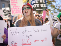 Pro-choice demonstrators protest outside of The Heritage Foundation in Washington, D.C. on November 9, 2024 following the re-election of for...