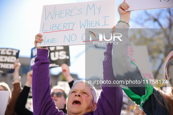 Pro-choice demonstrators protest outside of The Heritage Foundation in Washington, D.C. on November 9, 2024 following the re-election of for...