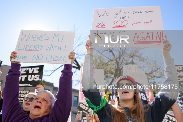 Pro-choice demonstrators protest outside of The Heritage Foundation in Washington, D.C. on November 9, 2024 following the re-election of for...