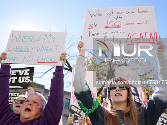 Pro-choice demonstrators protest outside of The Heritage Foundation in Washington, D.C. on November 9, 2024 following the re-election of for...