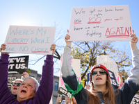 Pro-choice demonstrators protest outside of The Heritage Foundation in Washington, D.C. on November 9, 2024 following the re-election of for...