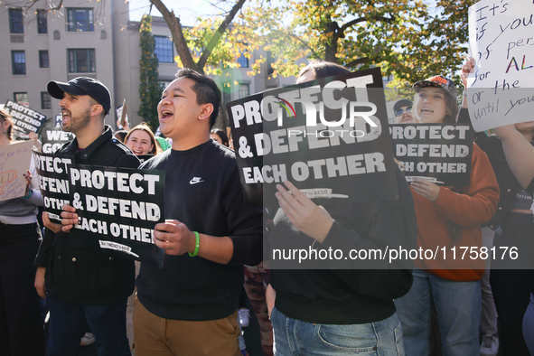 Pro-choice demonstrators protest outside of The Heritage Foundation in Washington, D.C. on November 9, 2024 following the re-election of for...