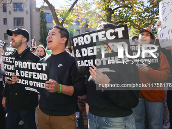 Pro-choice demonstrators protest outside of The Heritage Foundation in Washington, D.C. on November 9, 2024 following the re-election of for...