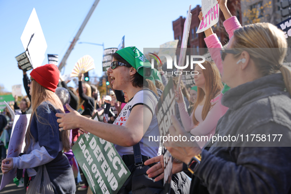 Pro-choice demonstrators protest outside of The Heritage Foundation in Washington, D.C. on November 9, 2024 following the re-election of for...