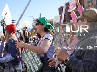 Pro-choice demonstrators protest outside of The Heritage Foundation in Washington, D.C. on November 9, 2024 following the re-election of for...