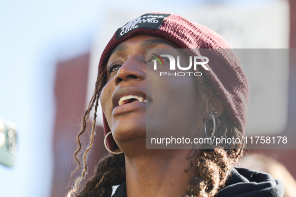 Pro-choice demonstrators protest outside of The Heritage Foundation in Washington, D.C. on November 9, 2024 following the re-election of for...