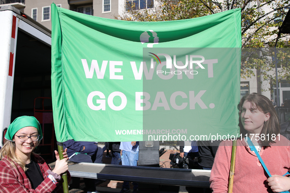 Pro-choice demonstrators protest outside of The Heritage Foundation in Washington, D.C. on November 9, 2024 following the re-election of for...