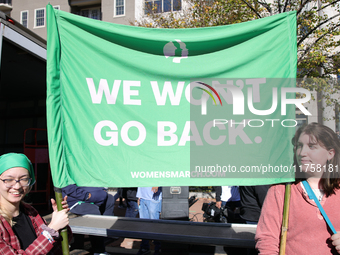 Pro-choice demonstrators protest outside of The Heritage Foundation in Washington, D.C. on November 9, 2024 following the re-election of for...