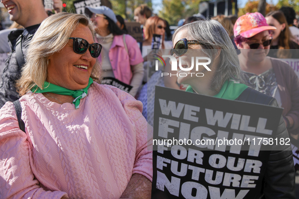 Pro-choice demonstrators protest outside of The Heritage Foundation in Washington, D.C. on November 9, 2024 following the re-election of for...