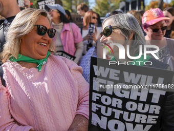 Pro-choice demonstrators protest outside of The Heritage Foundation in Washington, D.C. on November 9, 2024 following the re-election of for...