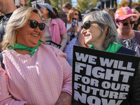 Pro-choice demonstrators protest outside of The Heritage Foundation in Washington, D.C. on November 9, 2024 following the re-election of for...