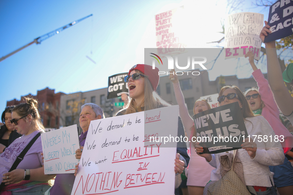 Pro-choice demonstrators protest outside of The Heritage Foundation in Washington, D.C. on November 9, 2024 following the re-election of for...