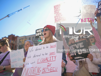 Pro-choice demonstrators protest outside of The Heritage Foundation in Washington, D.C. on November 9, 2024 following the re-election of for...