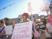 Pro-choice demonstrators protest outside of The Heritage Foundation in Washington, D.C. on November 9, 2024 following the re-election of for...