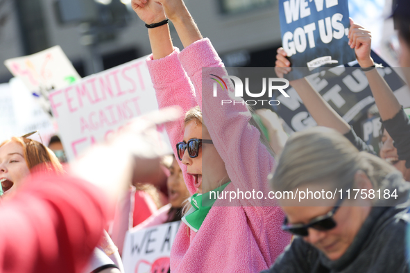 Pro-choice demonstrators protest outside of The Heritage Foundation in Washington, D.C. on November 9, 2024 following the re-election of for...