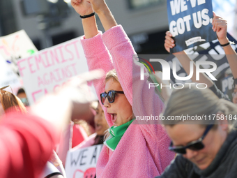 Pro-choice demonstrators protest outside of The Heritage Foundation in Washington, D.C. on November 9, 2024 following the re-election of for...