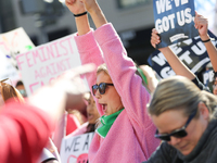 Pro-choice demonstrators protest outside of The Heritage Foundation in Washington, D.C. on November 9, 2024 following the re-election of for...