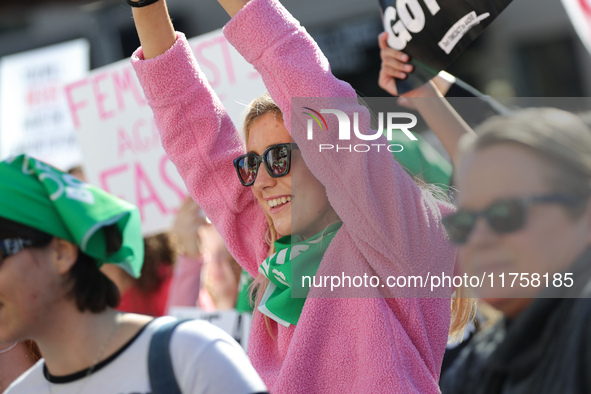 Pro-choice demonstrators protest outside of The Heritage Foundation in Washington, D.C. on November 9, 2024 following the re-election of for...