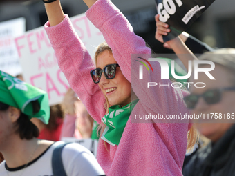 Pro-choice demonstrators protest outside of The Heritage Foundation in Washington, D.C. on November 9, 2024 following the re-election of for...