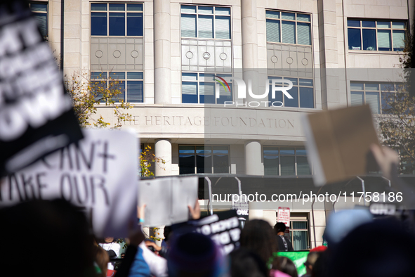 Pro-choice demonstrators protest outside of The Heritage Foundation in Washington, D.C. on November 9, 2024 following the re-election of for...