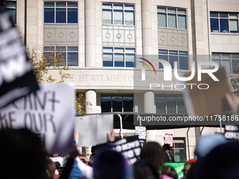 Pro-choice demonstrators protest outside of The Heritage Foundation in Washington, D.C. on November 9, 2024 following the re-election of for...