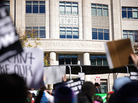 Pro-choice demonstrators protest outside of The Heritage Foundation in Washington, D.C. on November 9, 2024 following the re-election of for...