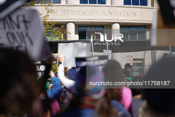 Pro-choice demonstrators protest outside of The Heritage Foundation in Washington, D.C. on November 9, 2024 following the re-election of for...