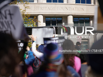 Pro-choice demonstrators protest outside of The Heritage Foundation in Washington, D.C. on November 9, 2024 following the re-election of for...