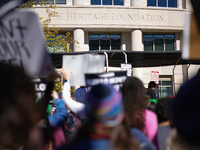 Pro-choice demonstrators protest outside of The Heritage Foundation in Washington, D.C. on November 9, 2024 following the re-election of for...