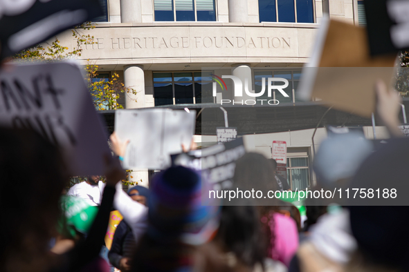 Pro-choice demonstrators protest outside of The Heritage Foundation in Washington, D.C. on November 9, 2024 following the re-election of for...