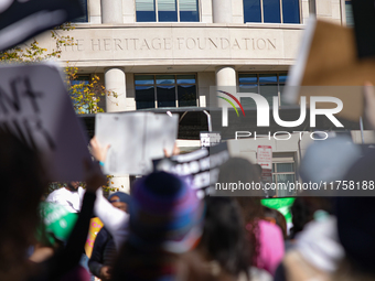 Pro-choice demonstrators protest outside of The Heritage Foundation in Washington, D.C. on November 9, 2024 following the re-election of for...