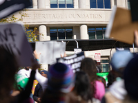 Pro-choice demonstrators protest outside of The Heritage Foundation in Washington, D.C. on November 9, 2024 following the re-election of for...