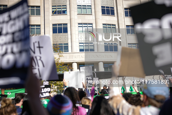 Pro-choice demonstrators protest outside of The Heritage Foundation in Washington, D.C. on November 9, 2024 following the re-election of for...