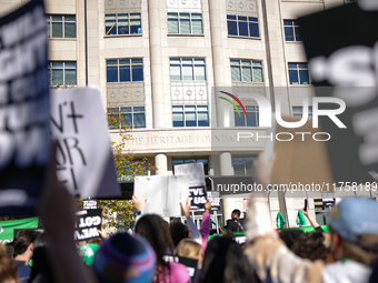 Pro-choice demonstrators protest outside of The Heritage Foundation in Washington, D.C. on November 9, 2024 following the re-election of for...