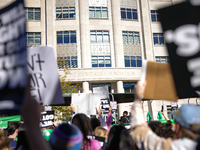 Pro-choice demonstrators protest outside of The Heritage Foundation in Washington, D.C. on November 9, 2024 following the re-election of for...