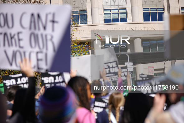 Pro-choice demonstrators protest outside of The Heritage Foundation in Washington, D.C. on November 9, 2024 following the re-election of for...