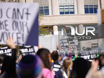 Pro-choice demonstrators protest outside of The Heritage Foundation in Washington, D.C. on November 9, 2024 following the re-election of for...