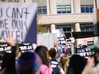 Pro-choice demonstrators protest outside of The Heritage Foundation in Washington, D.C. on November 9, 2024 following the re-election of for...