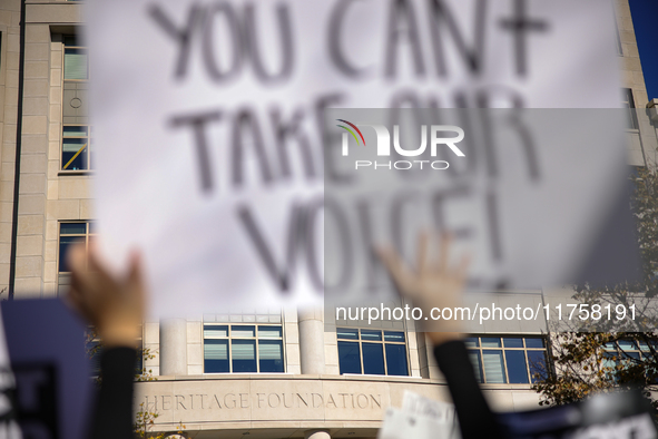 Pro-choice demonstrators protest outside of The Heritage Foundation in Washington, D.C. on November 9, 2024 following the re-election of for...