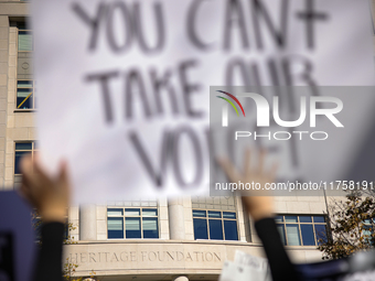 Pro-choice demonstrators protest outside of The Heritage Foundation in Washington, D.C. on November 9, 2024 following the re-election of for...