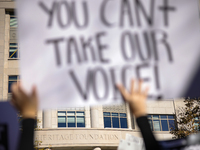 Pro-choice demonstrators protest outside of The Heritage Foundation in Washington, D.C. on November 9, 2024 following the re-election of for...