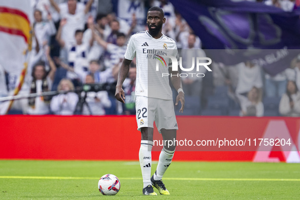 Antonio Rudiger of Real Madrid CF is in action with the ball during the La Liga EA Sports 2024/25 football match between Real Madrid CF and...