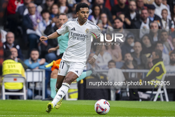 Rodrygo Silva de Goes of Real Madrid CF is in action with the ball during the La Liga EA Sports 2024/25 football match between Real Madrid C...