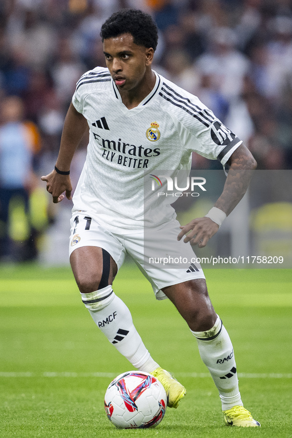 Rodrygo Silva de Goes of Real Madrid CF is in action with the ball during the La Liga EA Sports 2024/25 football match between Real Madrid C...