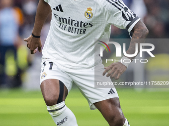 Rodrygo Silva de Goes of Real Madrid CF is in action with the ball during the La Liga EA Sports 2024/25 football match between Real Madrid C...